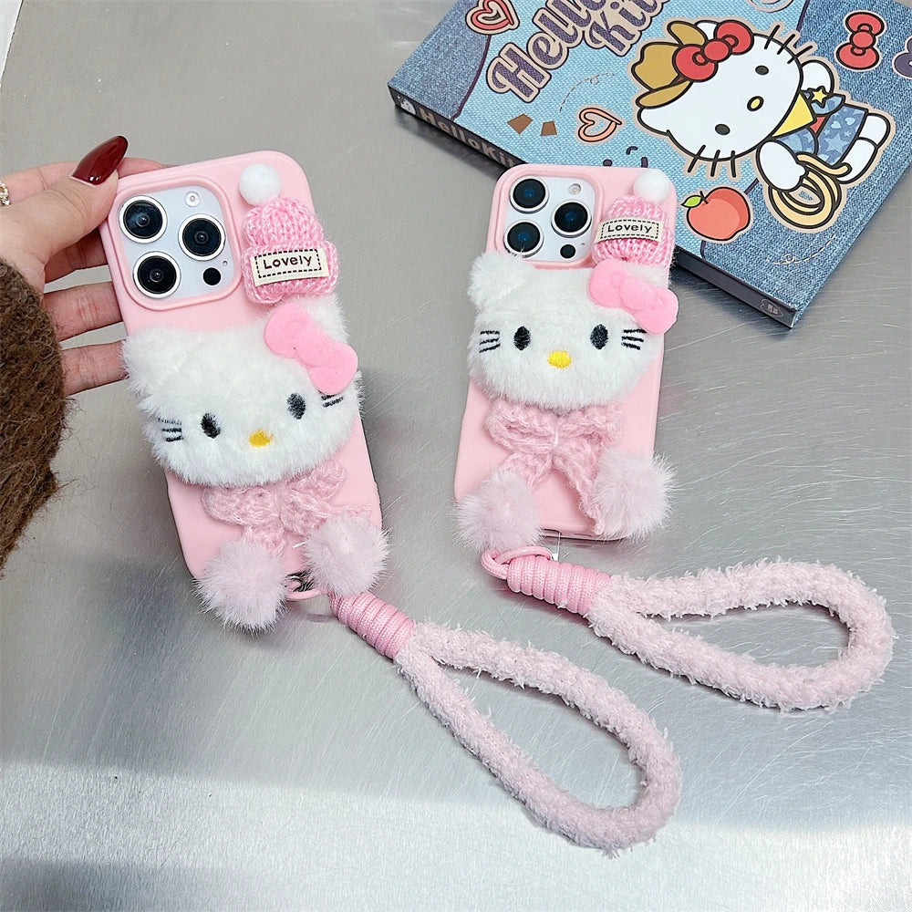 Pink Hello Kitty Fur Fluffy Cute Wrist Strap Phone Case