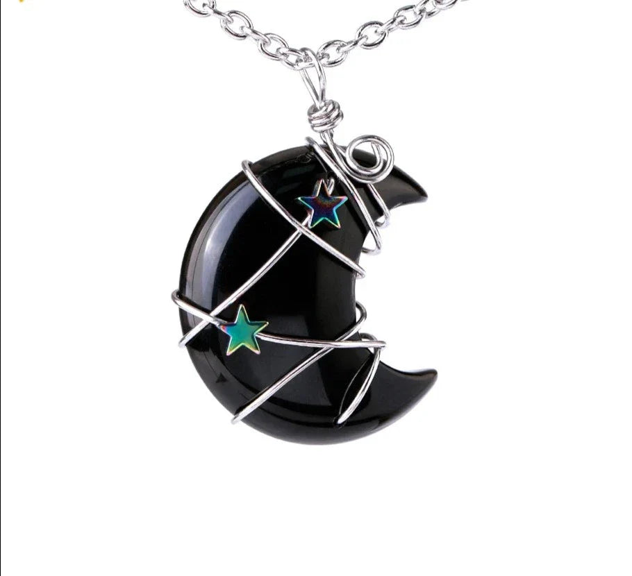 Crystal Crescent Moon and Star Silver Necklace