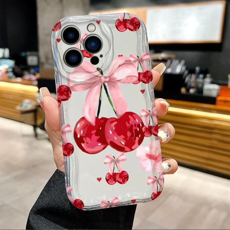 Red Cherry Bow Soft Wave Silicone Phone Case For iPhone