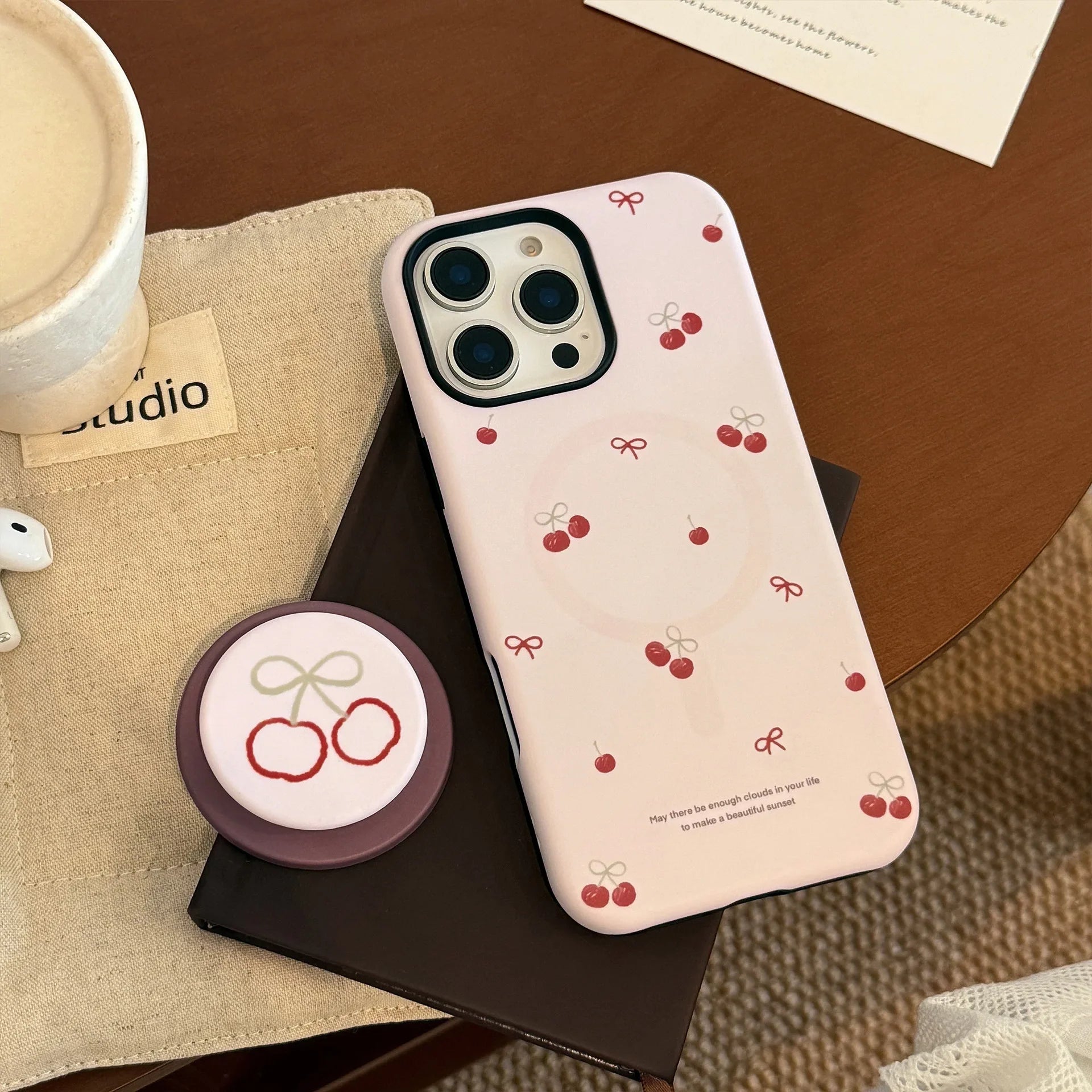 Korea Cute Cartoon Cherry Magnetic Stand Holder Phone Case For iPhone