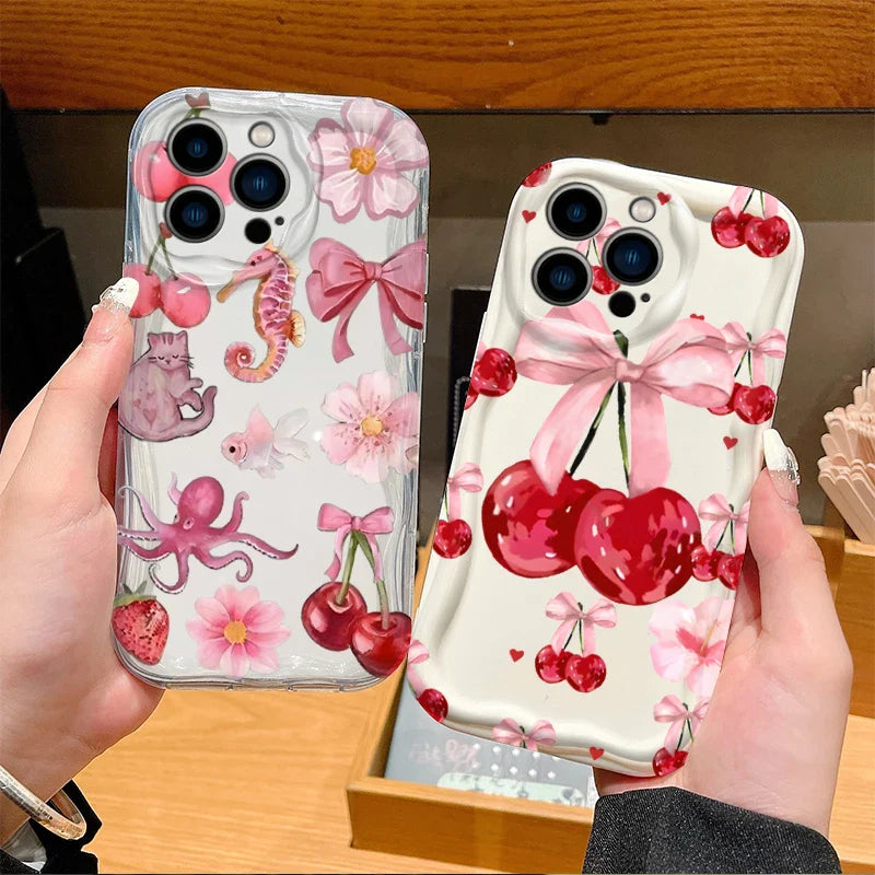 Red Cherry Bow Soft Wave Silicone Phone Case For iPhone