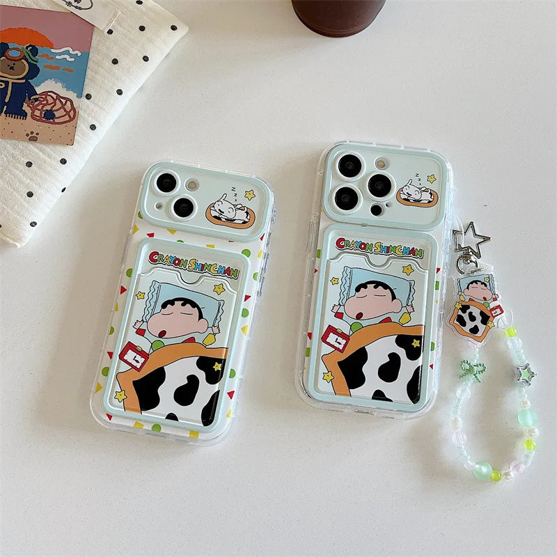 Cartoon Sleep Crayon Shin-chan Card Wallet Pocket Phone Case For iPhone