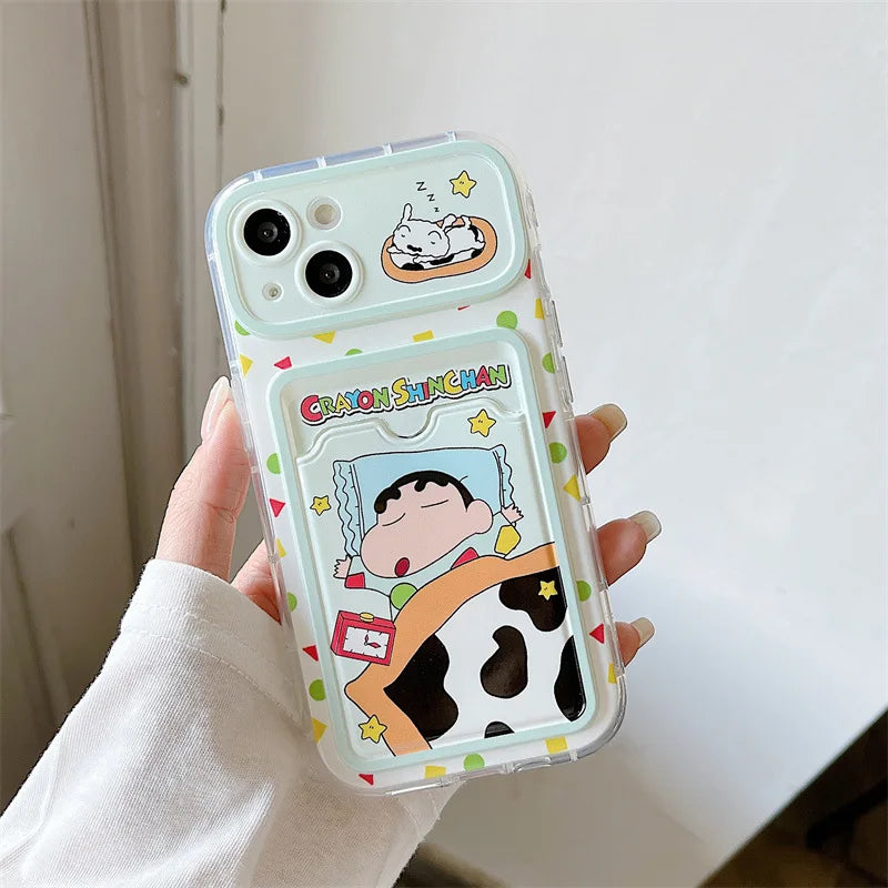 Cartoon Sleep Crayon Shin-chan Card Wallet Pocket Phone Case For iPhone