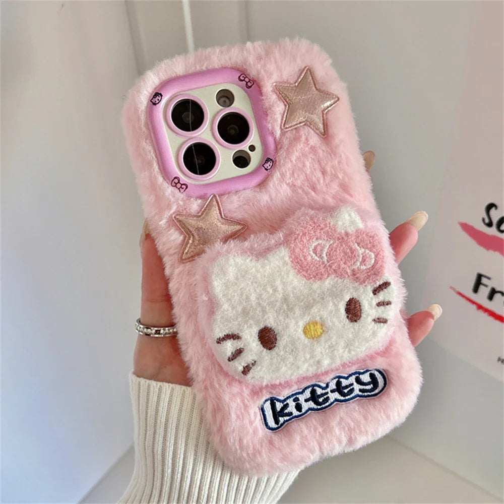 Cute Hello Kitty Fur Fluffy Camera Holder Stand Phone Case