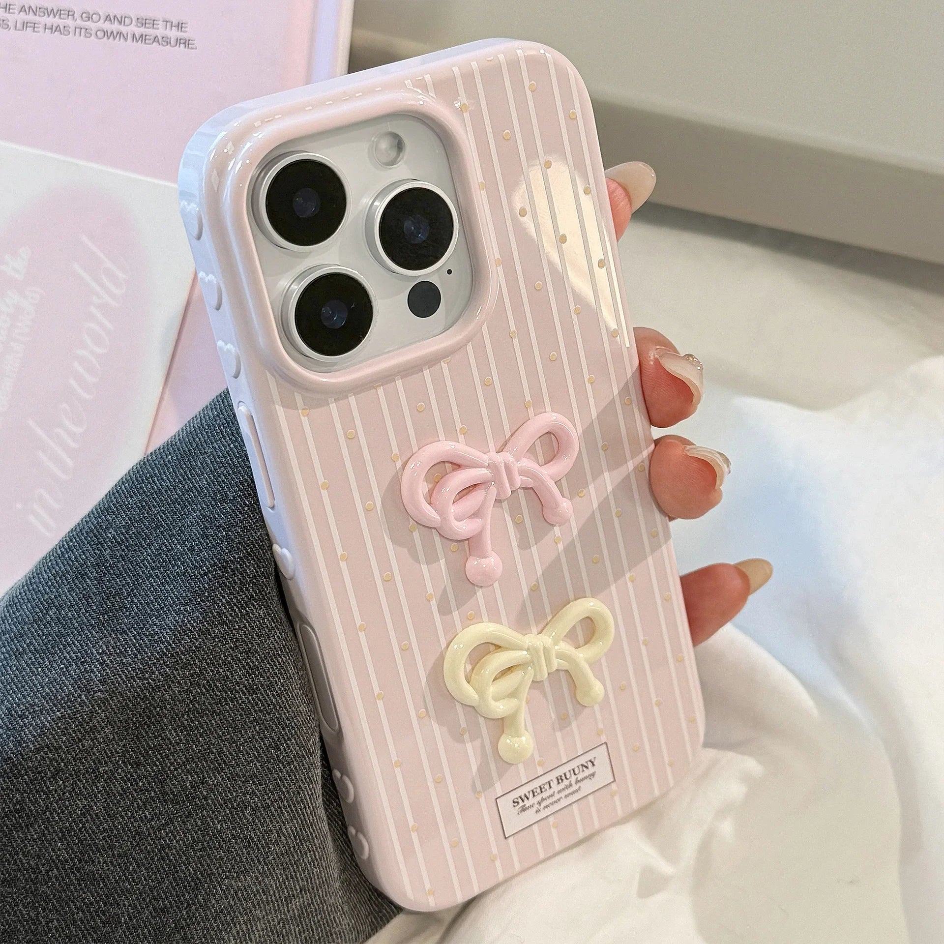 Korean Cute 3D Bowknot Pink Striped Wave Point Soft Phone Case For iPhone