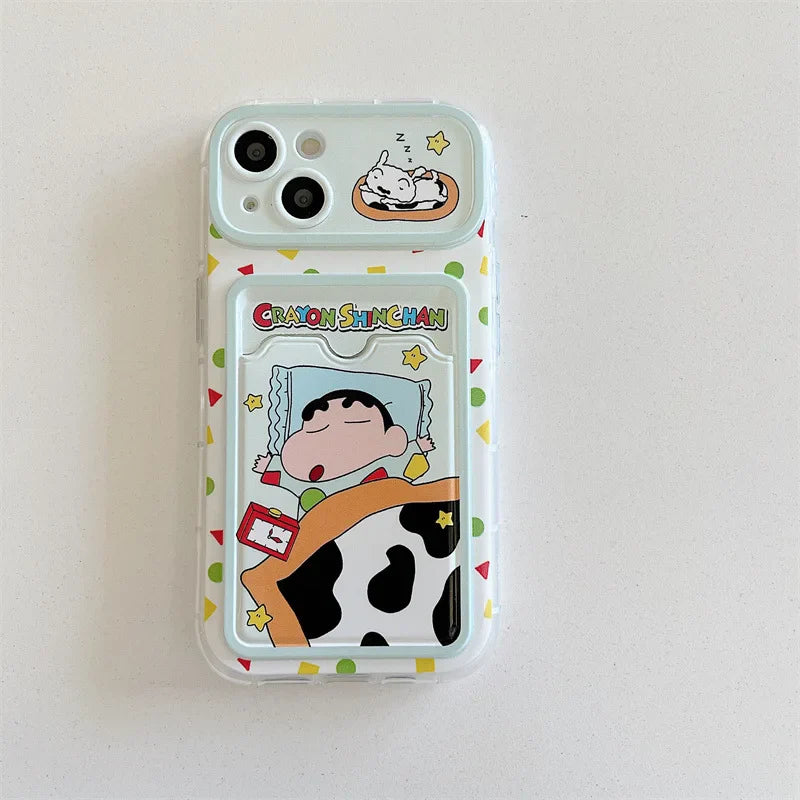Cartoon Sleep Crayon Shin-chan Card Wallet Pocket Phone Case For iPhone