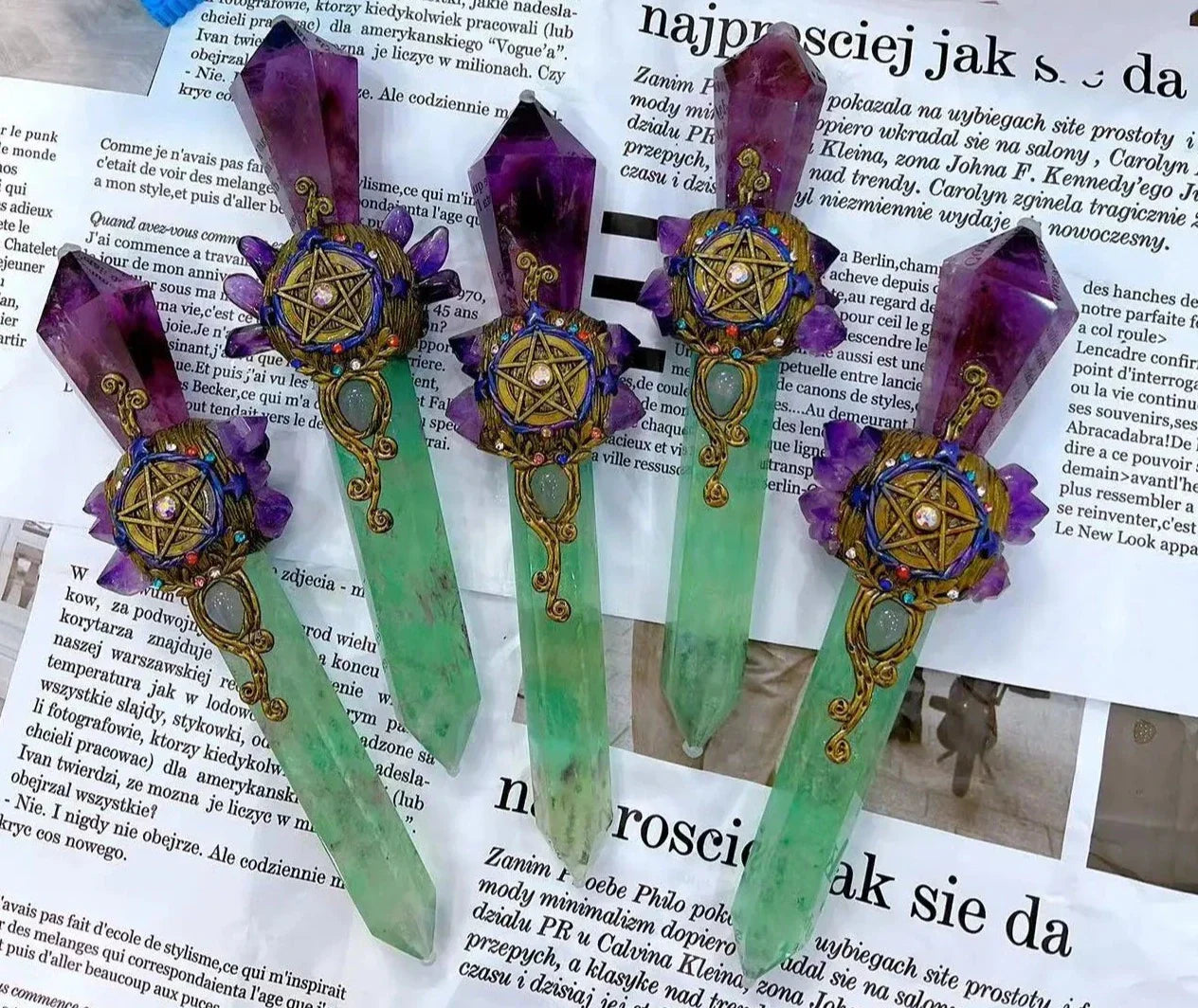 Green Fluorite and Amethyst Pentacle Witch Wand