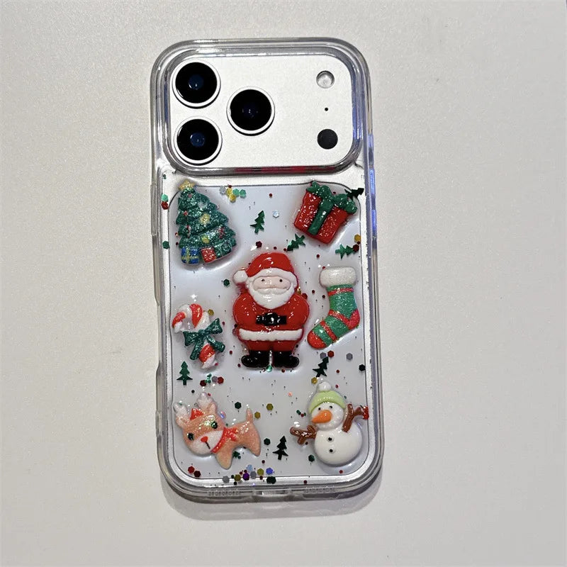3D Cute Cartoon Christmas Drop Glue Glitter Phone Case For iPhone