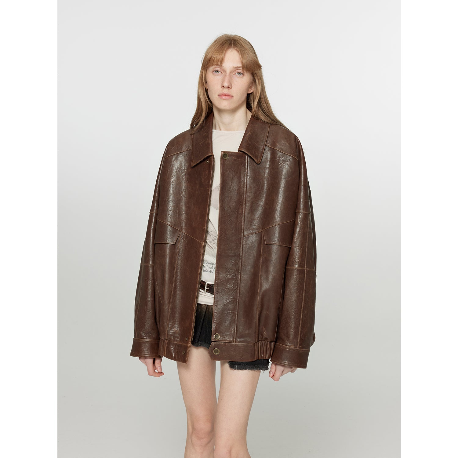 Vintage distressed waxed sheepskin silhouette lapel leather jacket “Rebel”-5