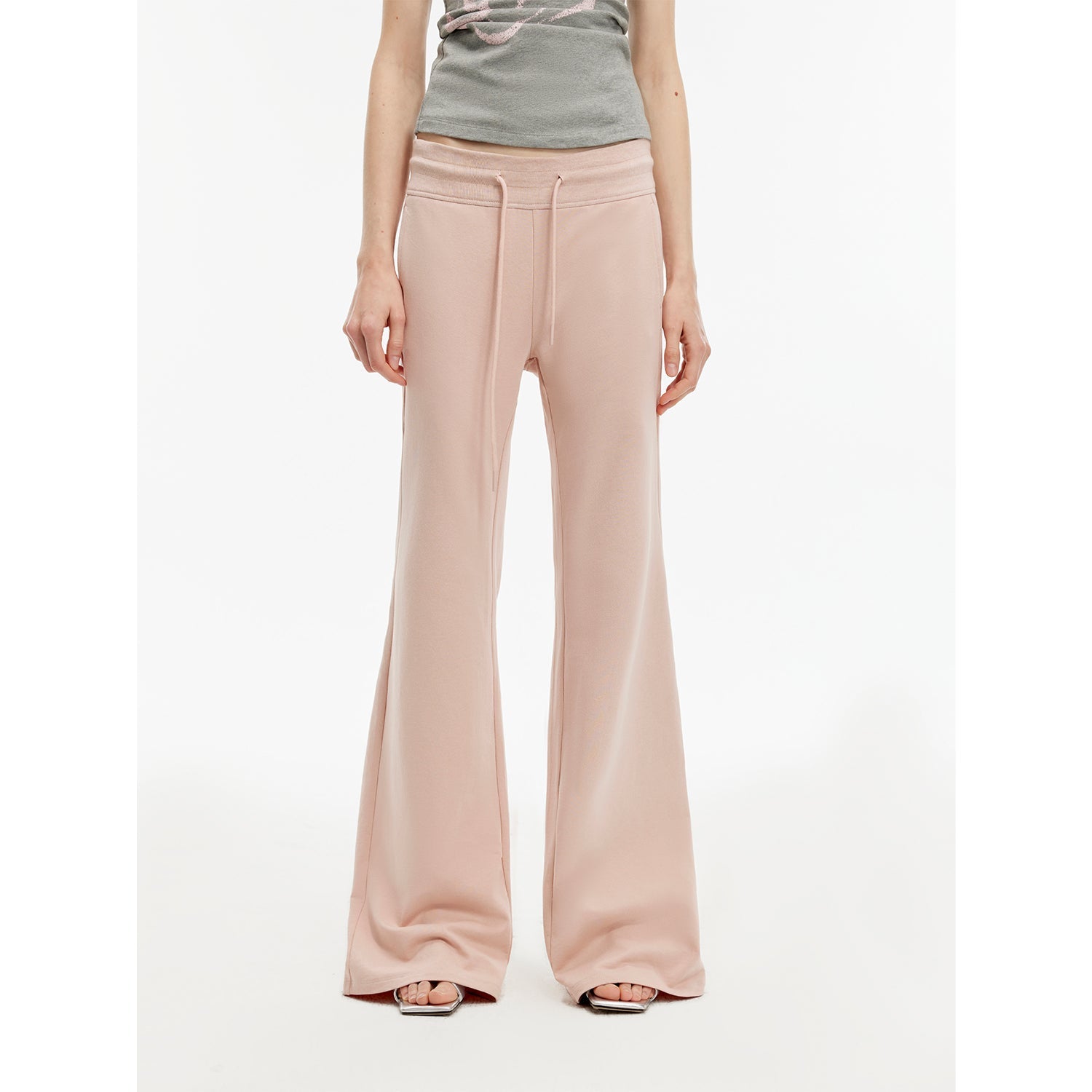 "American High Street" air-spun OE cotton fashionable low-rise fit wide waist drawstring flared pants-5