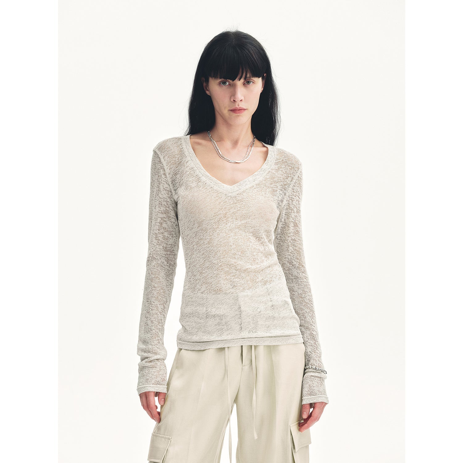 "Spring Old Dream" Loose and versatile slightly hollow V-neck straight shoulder top-6