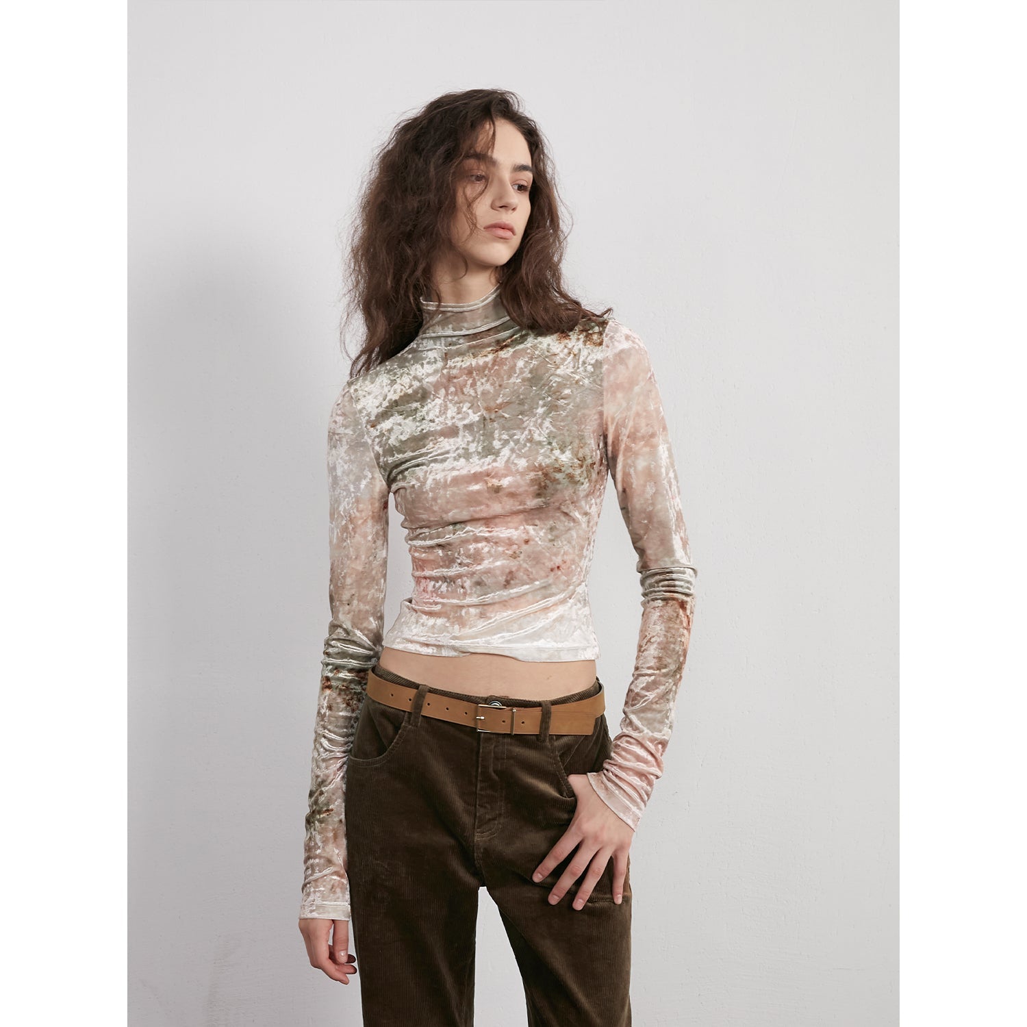 "Warm Sugar Latte" Smudge Print Velvet Long Sleeve Bottoming Shirt Women's Half Turtleneck T-shirt-0