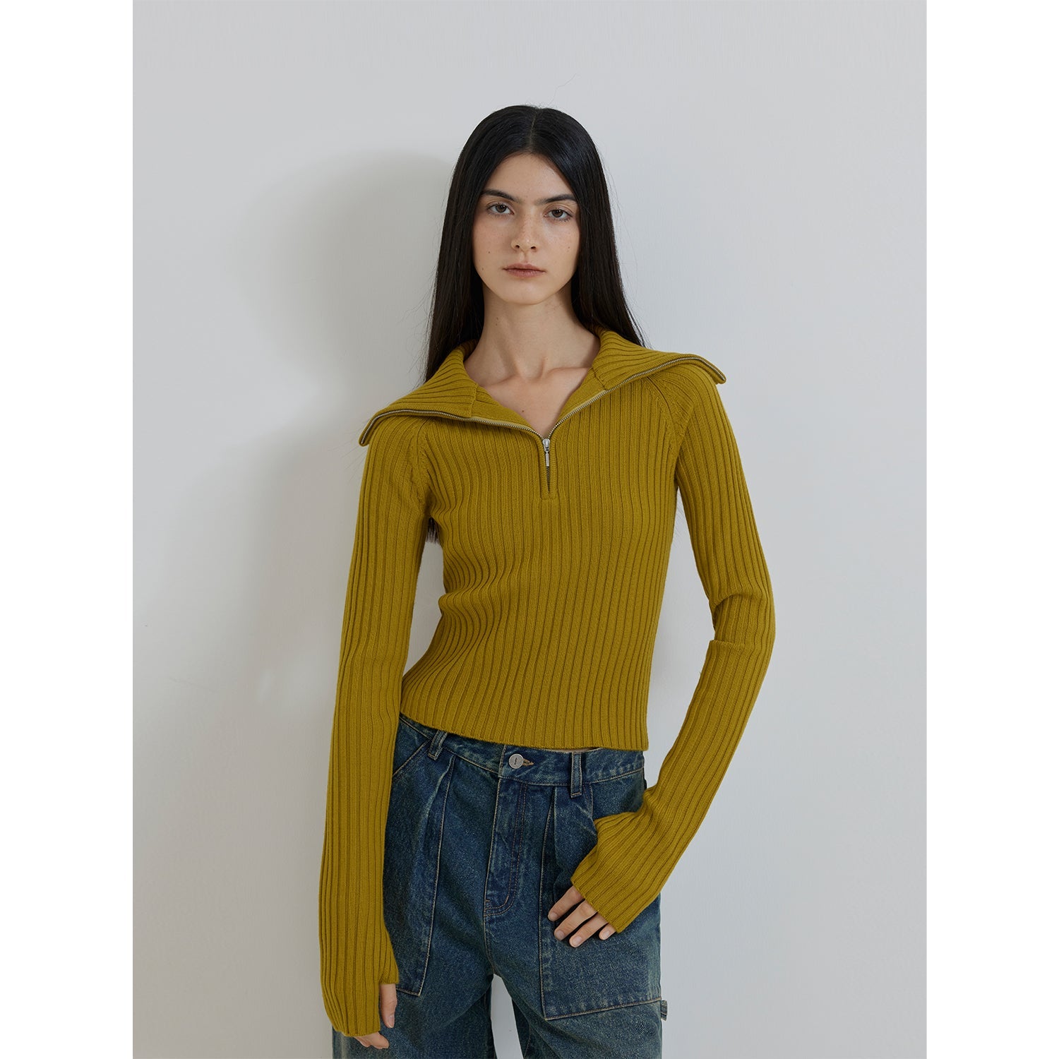 ireladyfur Women's Merino Wool Ribbed Zip-Up Sweater"Fallen Leaf Street"-5