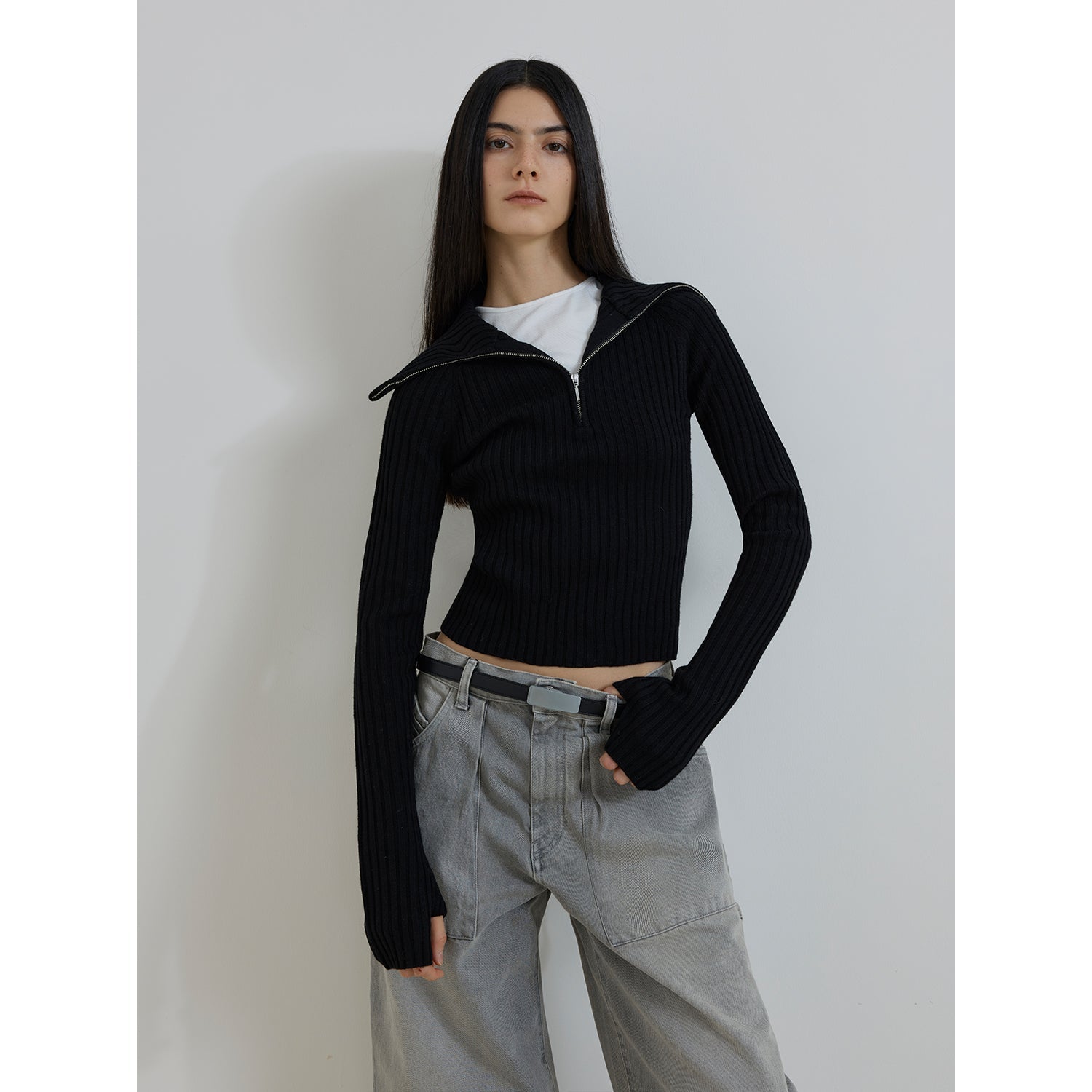 ireladyfur Women's Merino Wool Ribbed Zip-Up Sweater"Fallen Leaf Street"-6