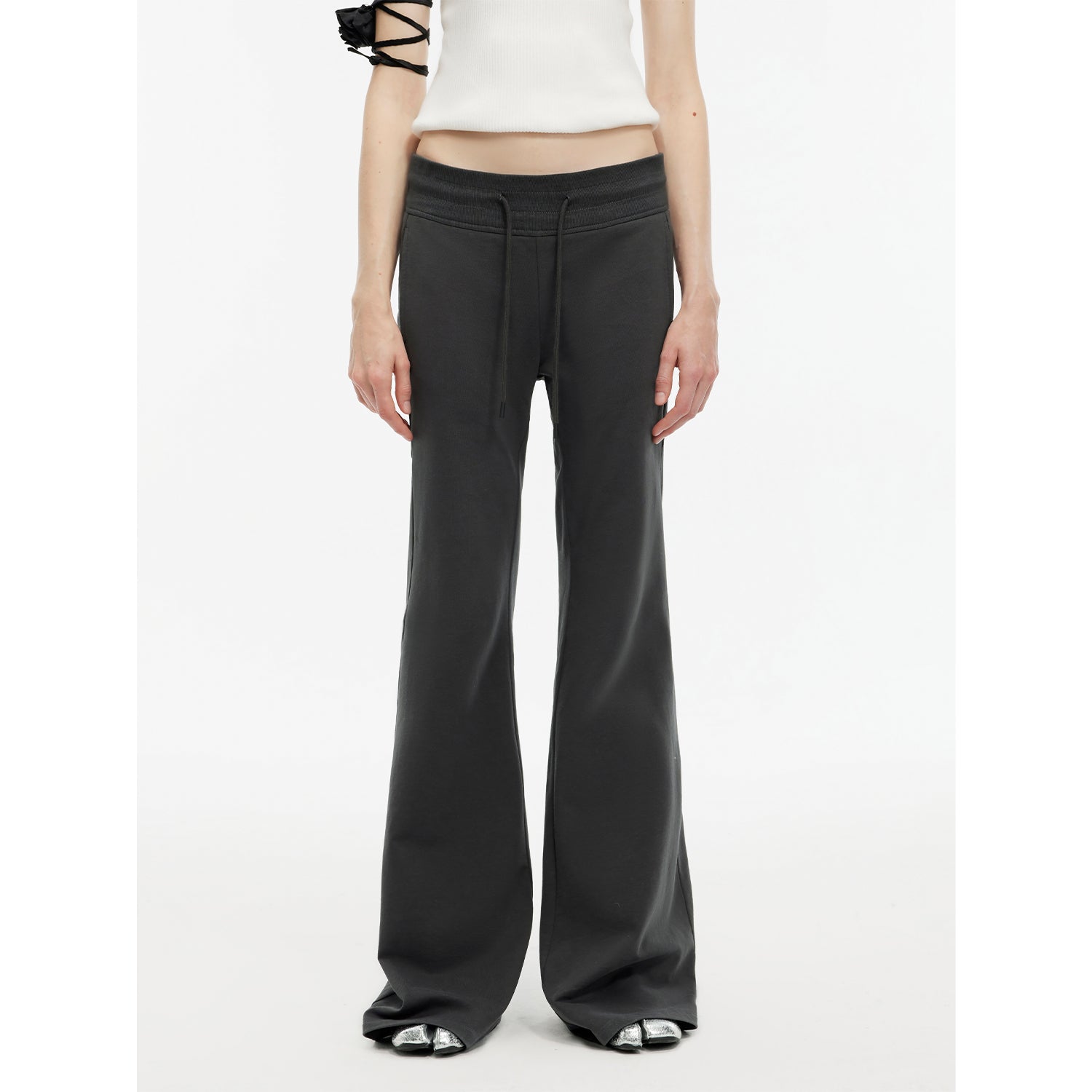 "American High Street" air-spun OE cotton fashionable low-rise fit wide waist drawstring flared pants-6