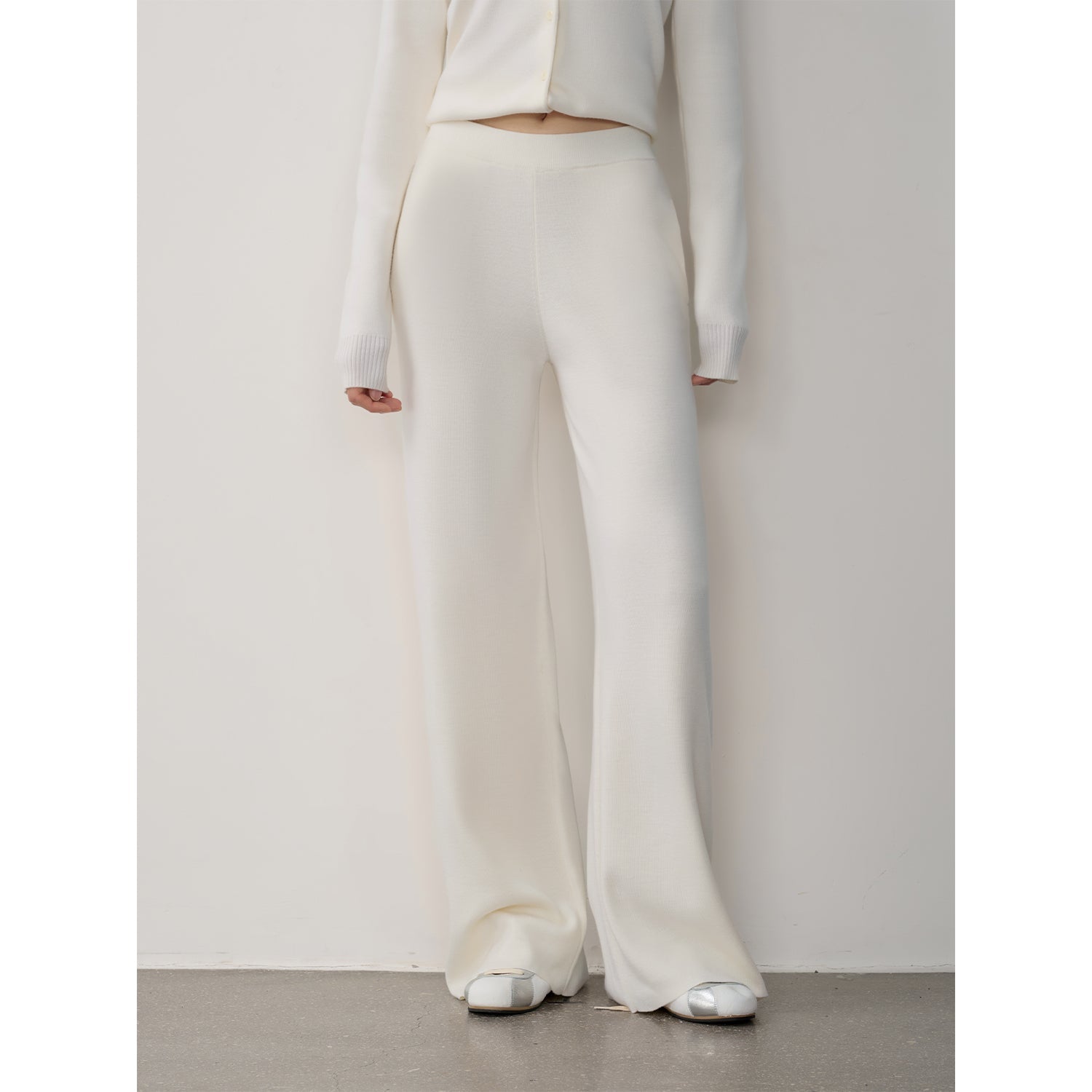 "Lazy urban" Yangtze Merino wool polo-neck cardigan straight-leg knitted pants suit-7