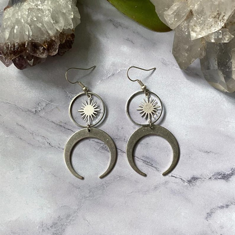 Druzy Stone Crescent Moon Sun Earrings