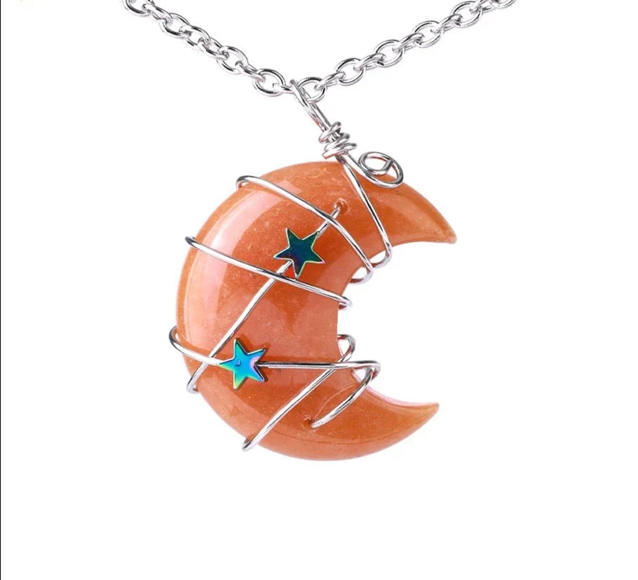 Crystal Crescent Moon and Star Silver Necklace