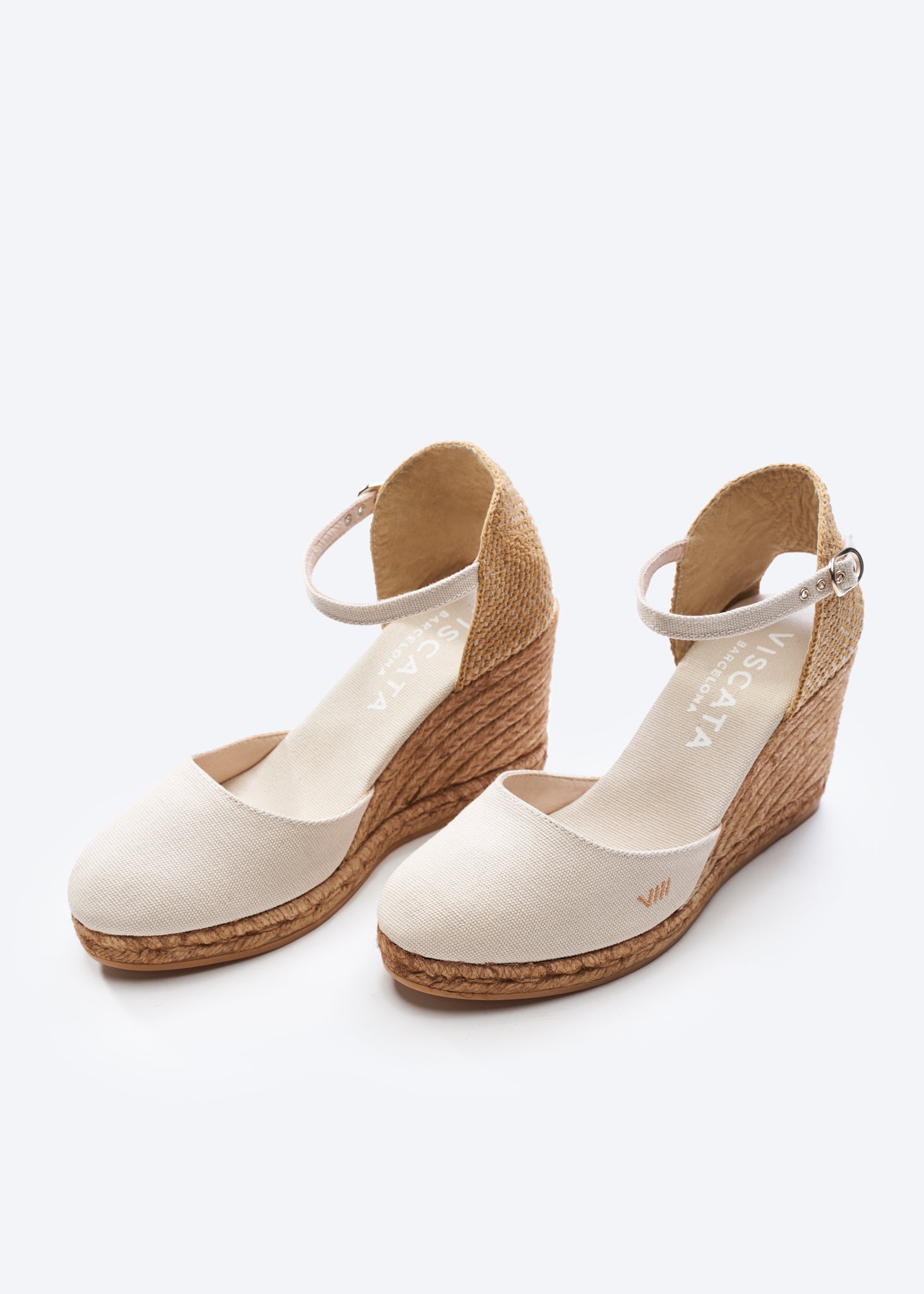Satuna Beige Canvas Ankle Strap Women Espadrille High Wedges Closed Toe U Cut