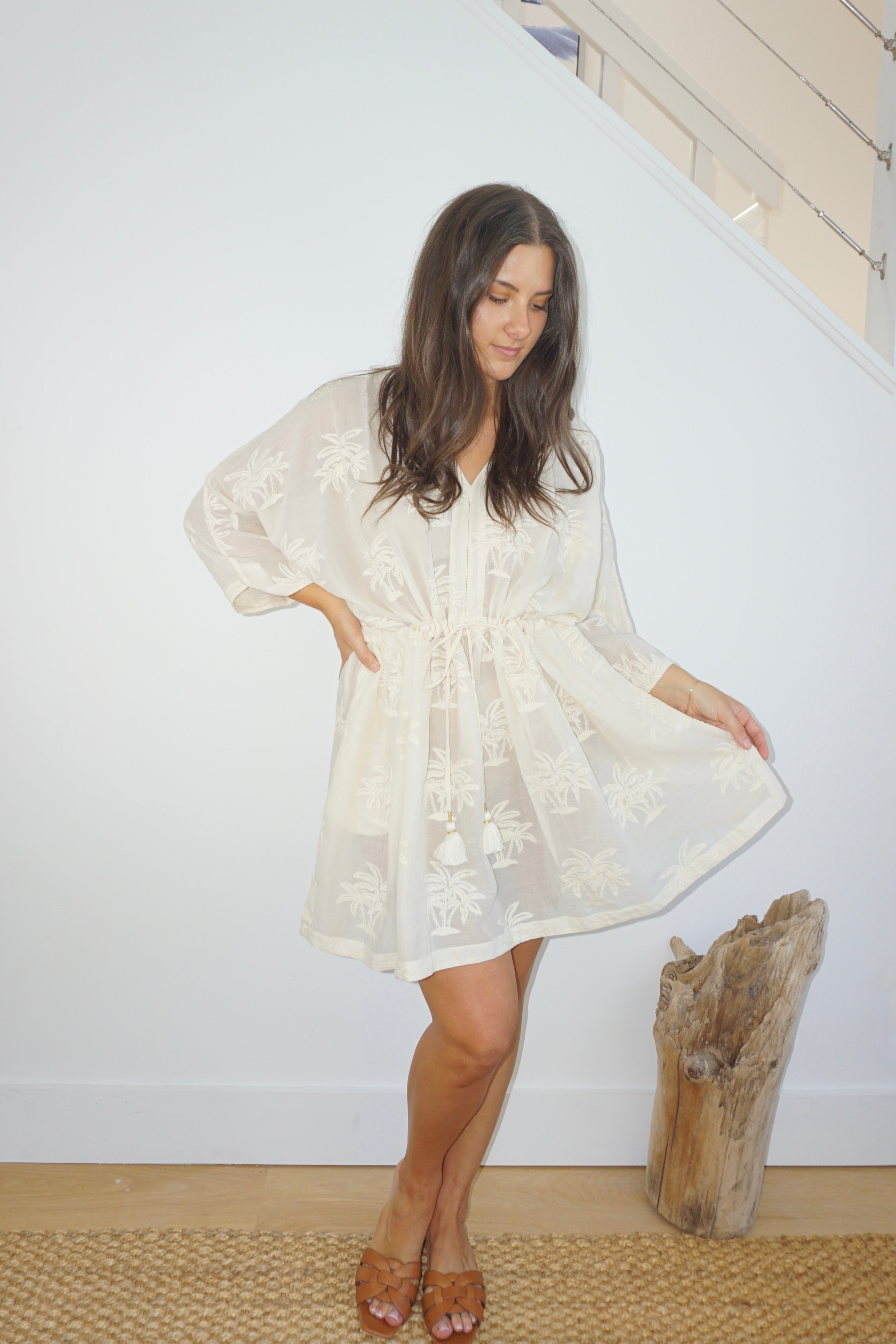 Savannah Kaftan in Cream Palm Embr