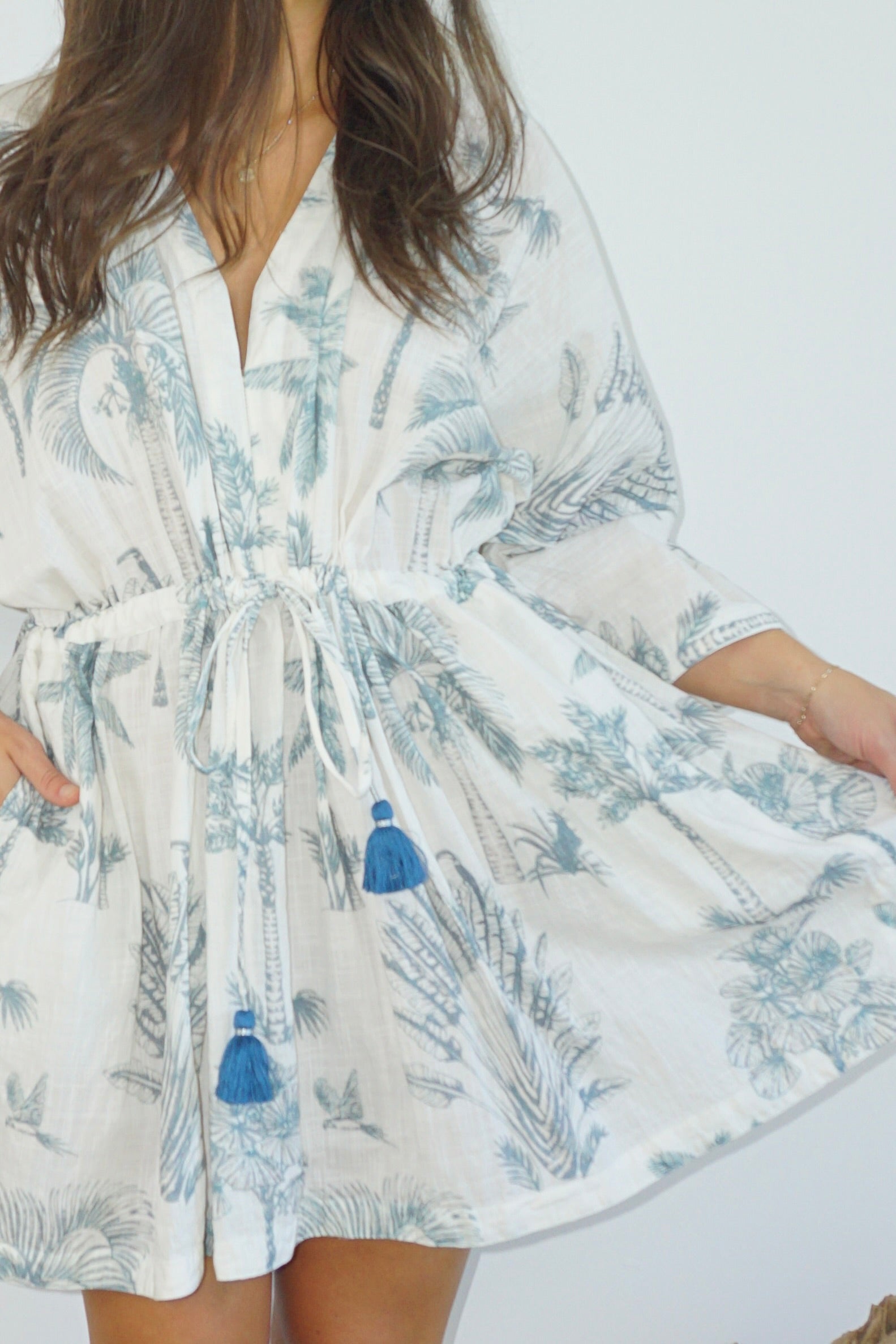 Savannah Kaftan in Faded Teal Palms