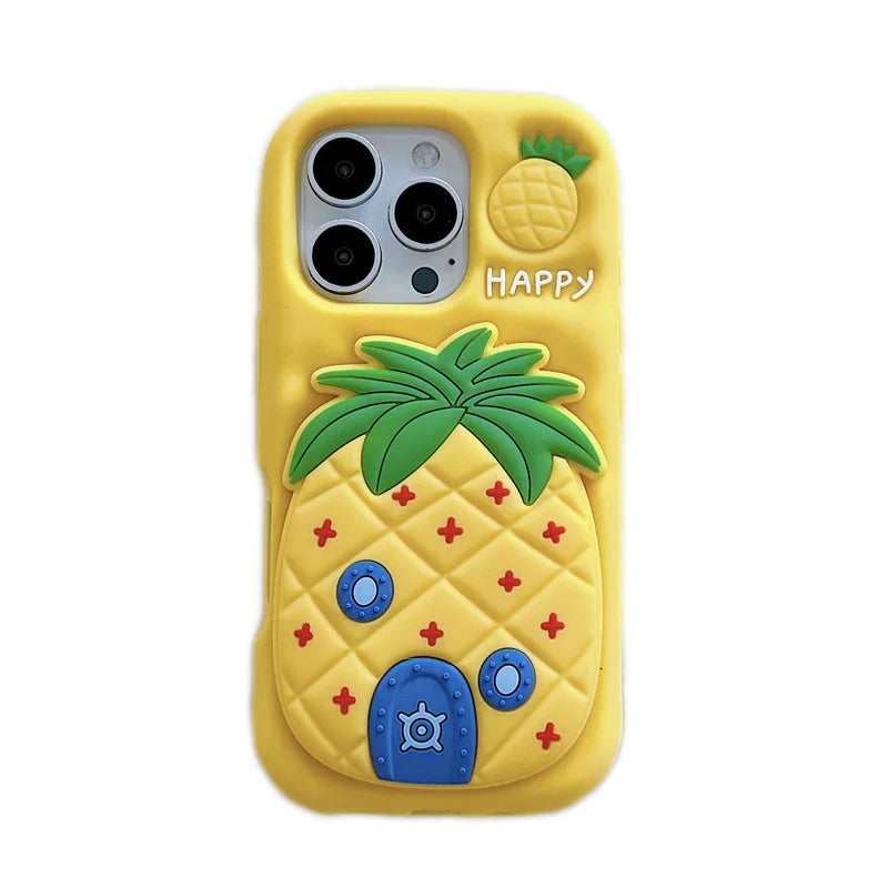 3D Cartoon Pineapple Telescopic Bracket Soft Silicone Phone Case For iPhone