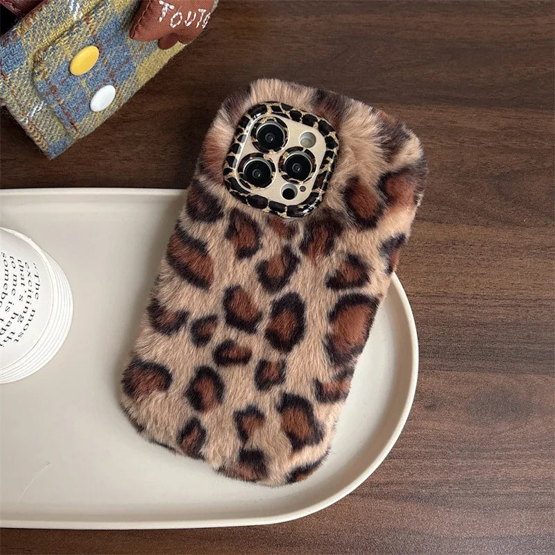 Fashion Leopard Furry Plush Lens Bracket Phone Case For iPhone