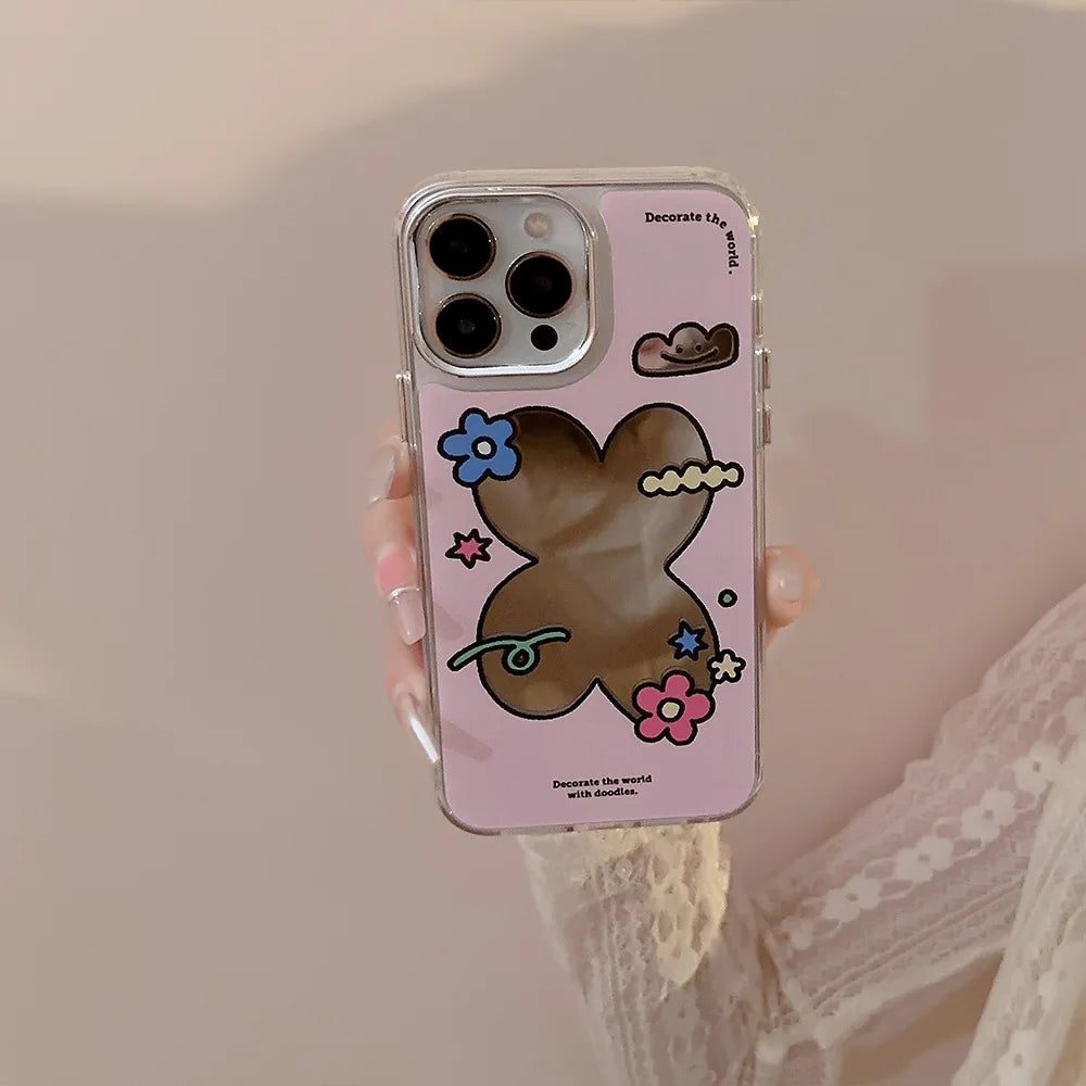 Cute Flower Make Up Mirror Electroplated With Chain Phone Case For iPhone