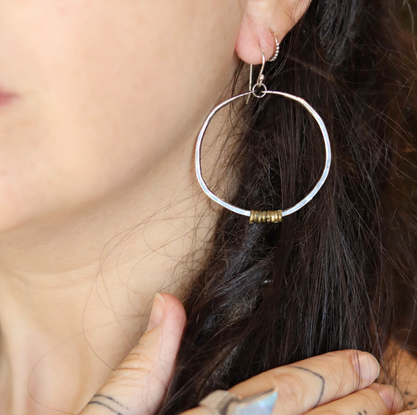 Silver Hoop Earrings with Heishi
