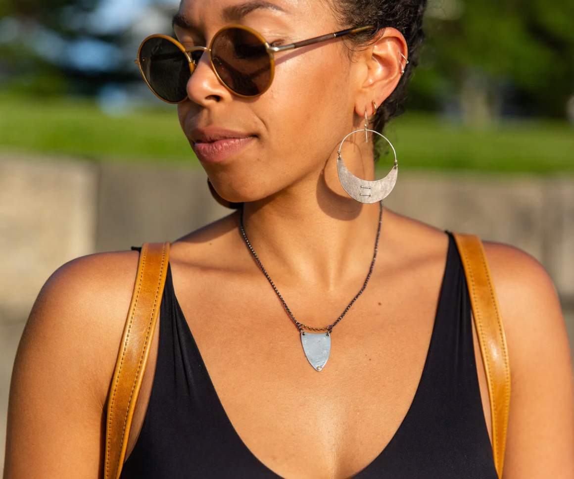 Stitched Sterling Silver Crescent Earrings