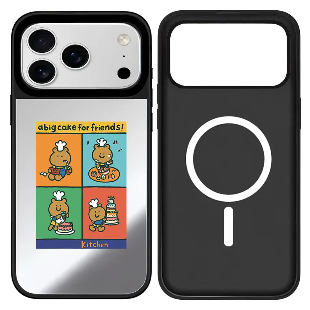 Cartoon Chef Bear Mirror Surface Black Border Magnetic Phone Case For iPhone