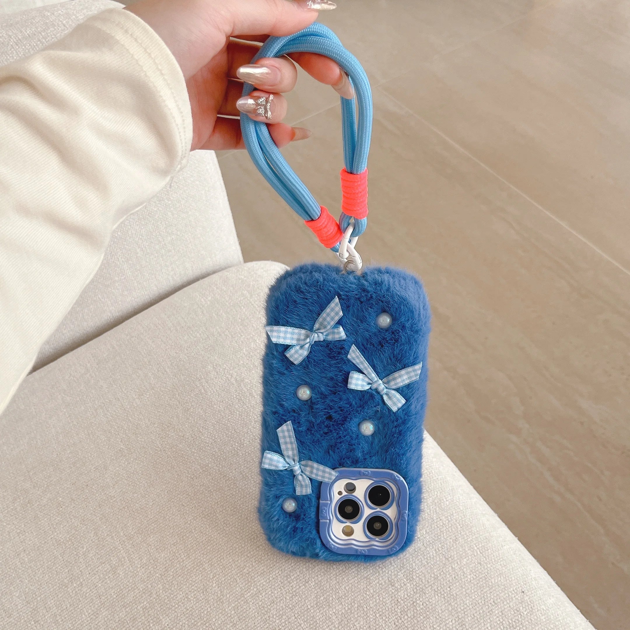 Simple Solid Color Plush Bow Pearl Plush Phone Case