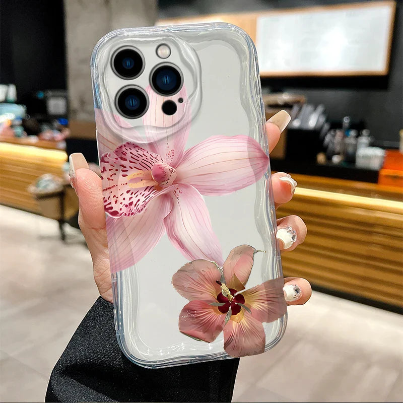 Lily Flower Print Clear Wave Phone Case For iPhone