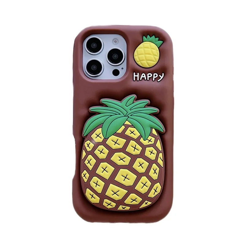 3D Cartoon Pineapple Telescopic Bracket Soft Silicone Phone Case For iPhone