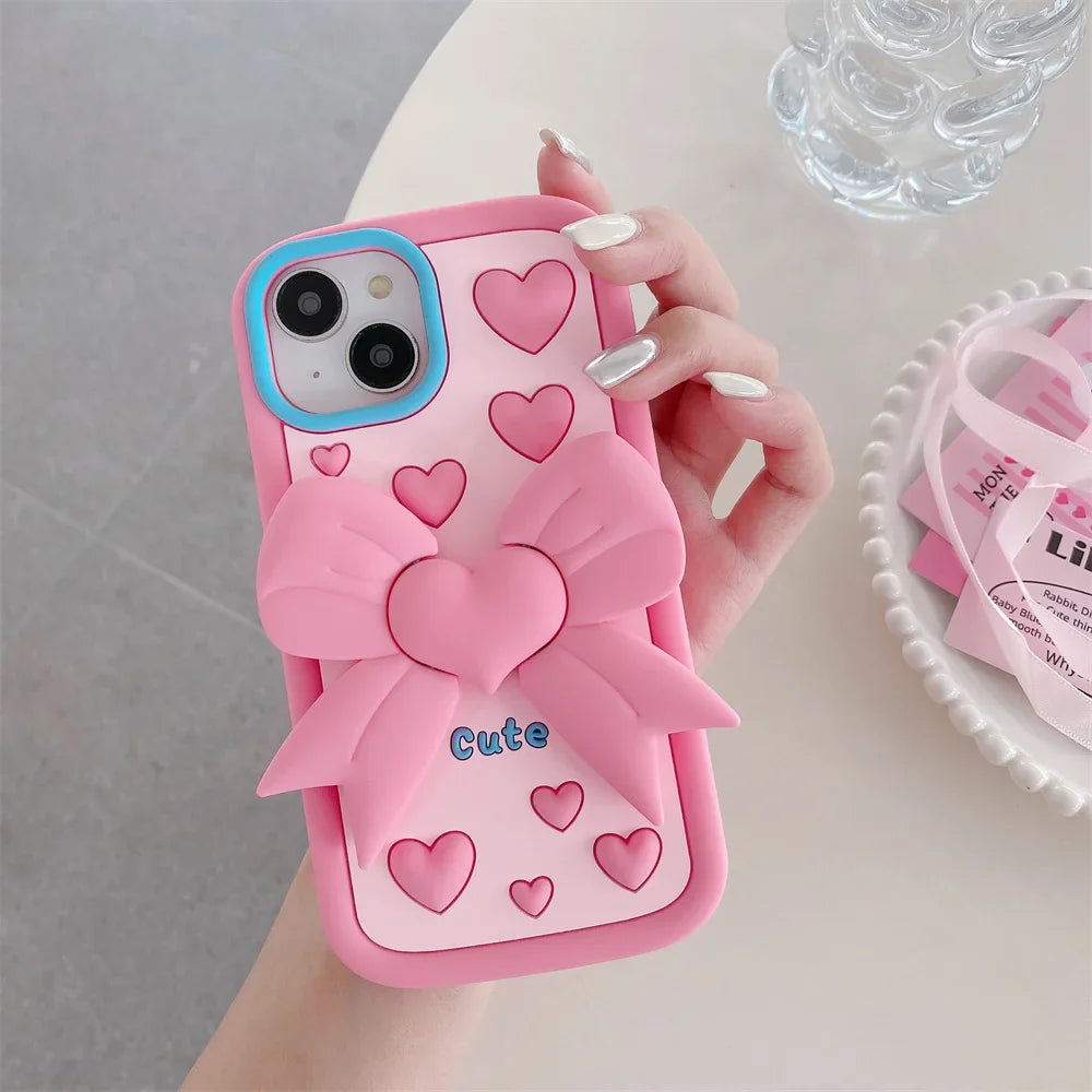 3D Cartoon Pink Love Bow Holder Phone Case
