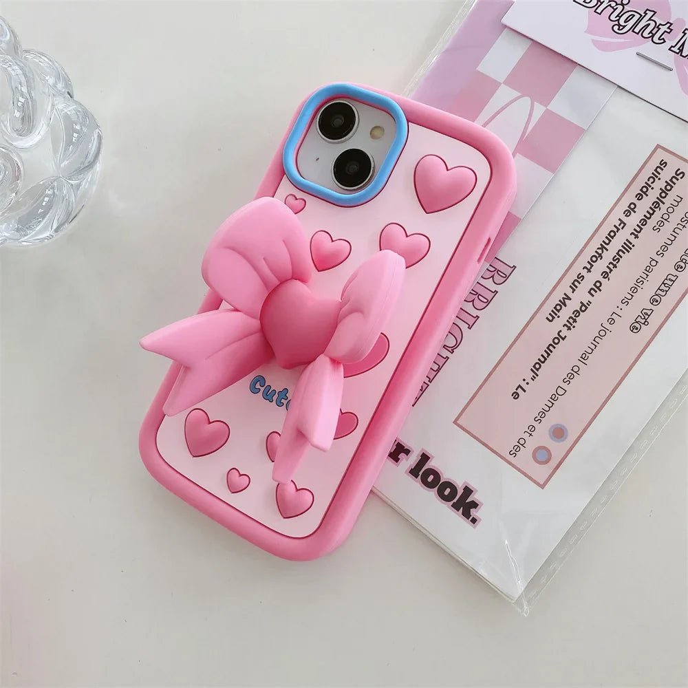 3D Cartoon Pink Love Bow Holder Phone Case