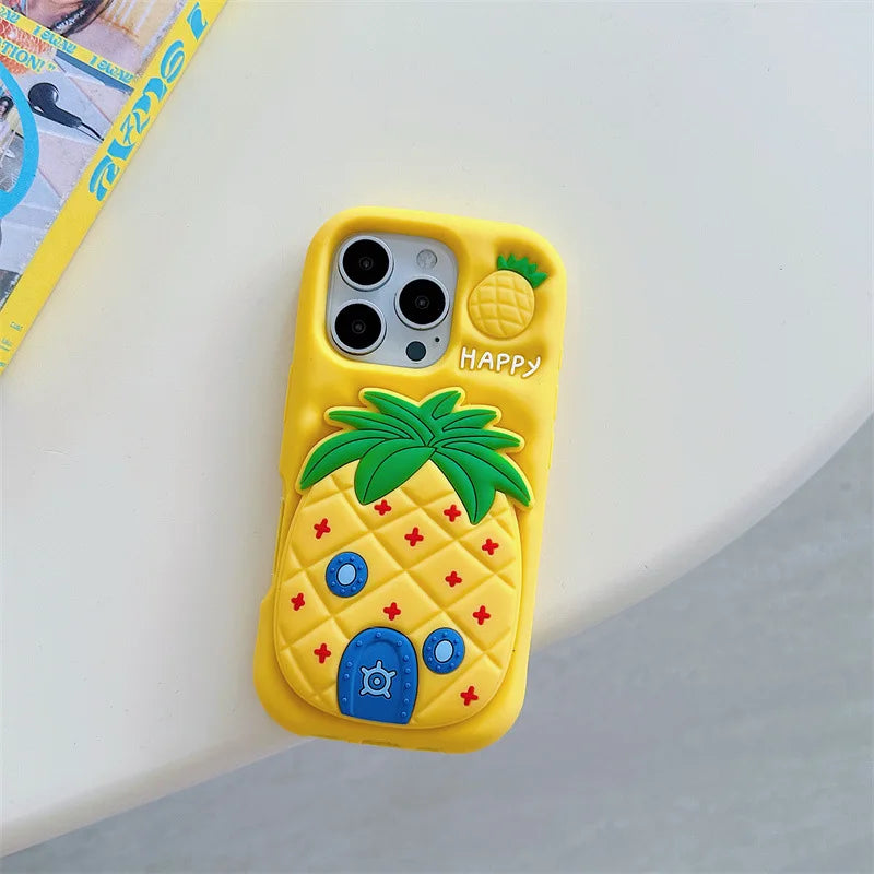 3D Cartoon Pineapple Telescopic Bracket Soft Silicone Phone Case For iPhone
