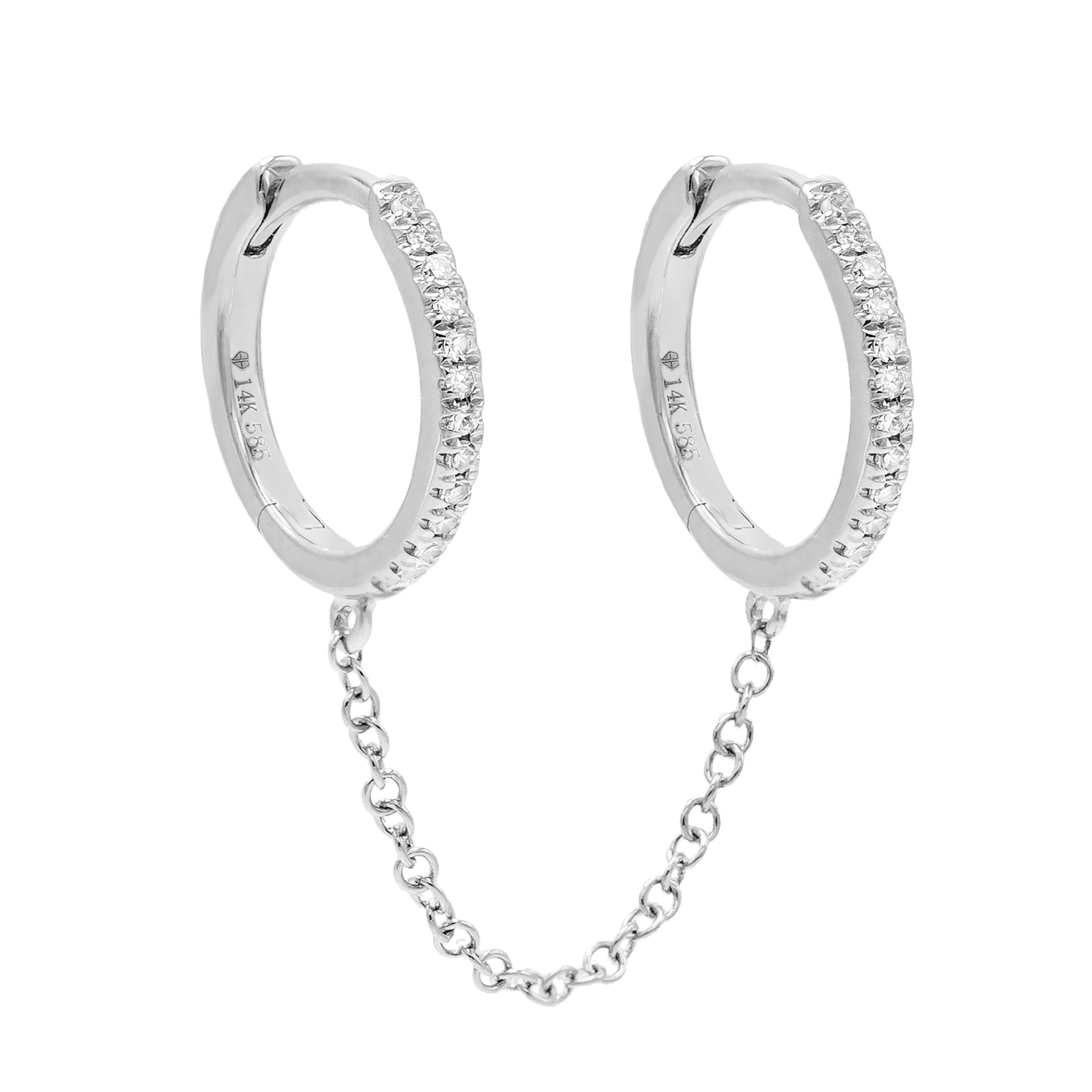 14K White Gold / Single Diamond Double Huggie Chain Earring 14K - Adina's Jewels