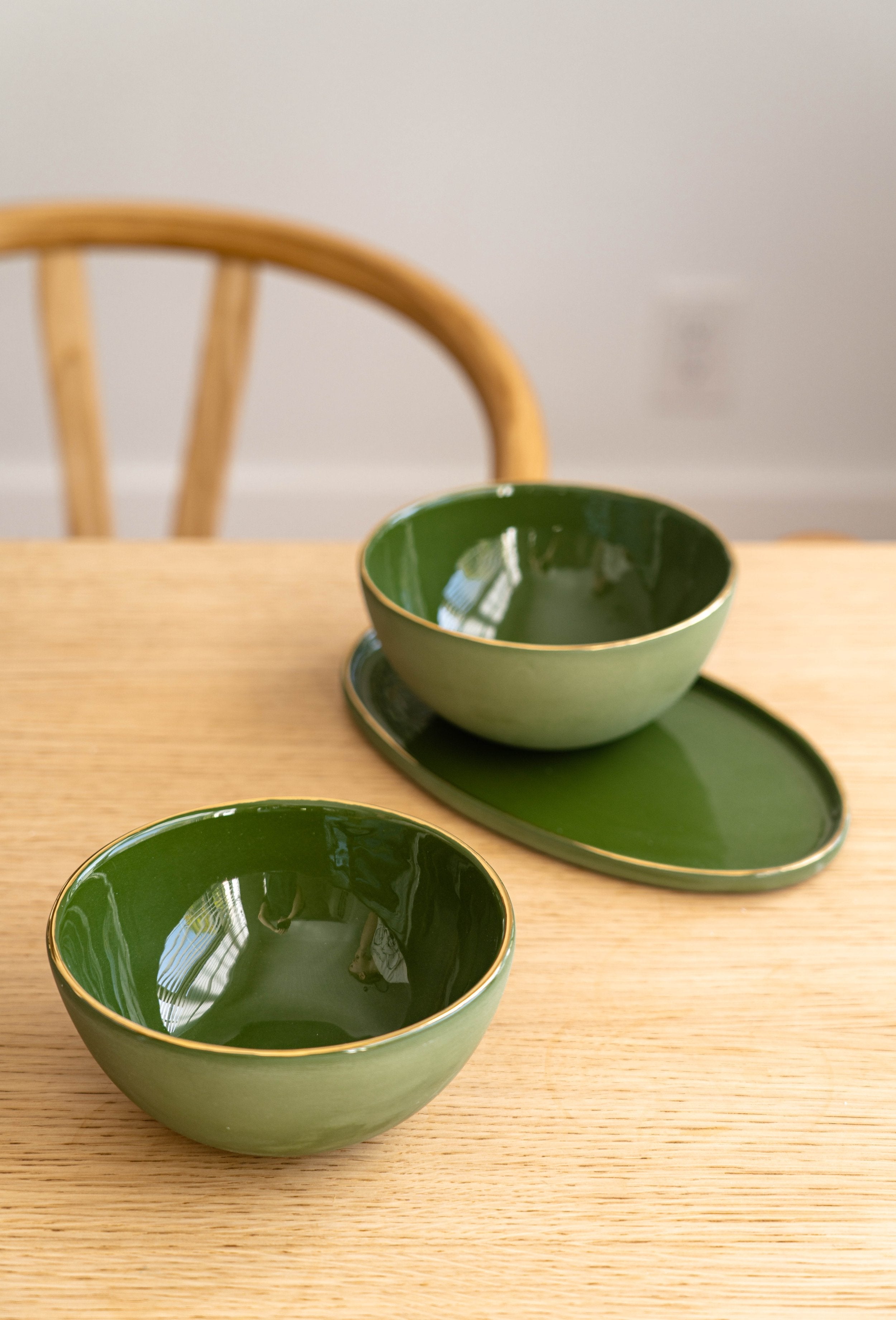 Porcelain Oval Serving Platter with Gold Rim. Green