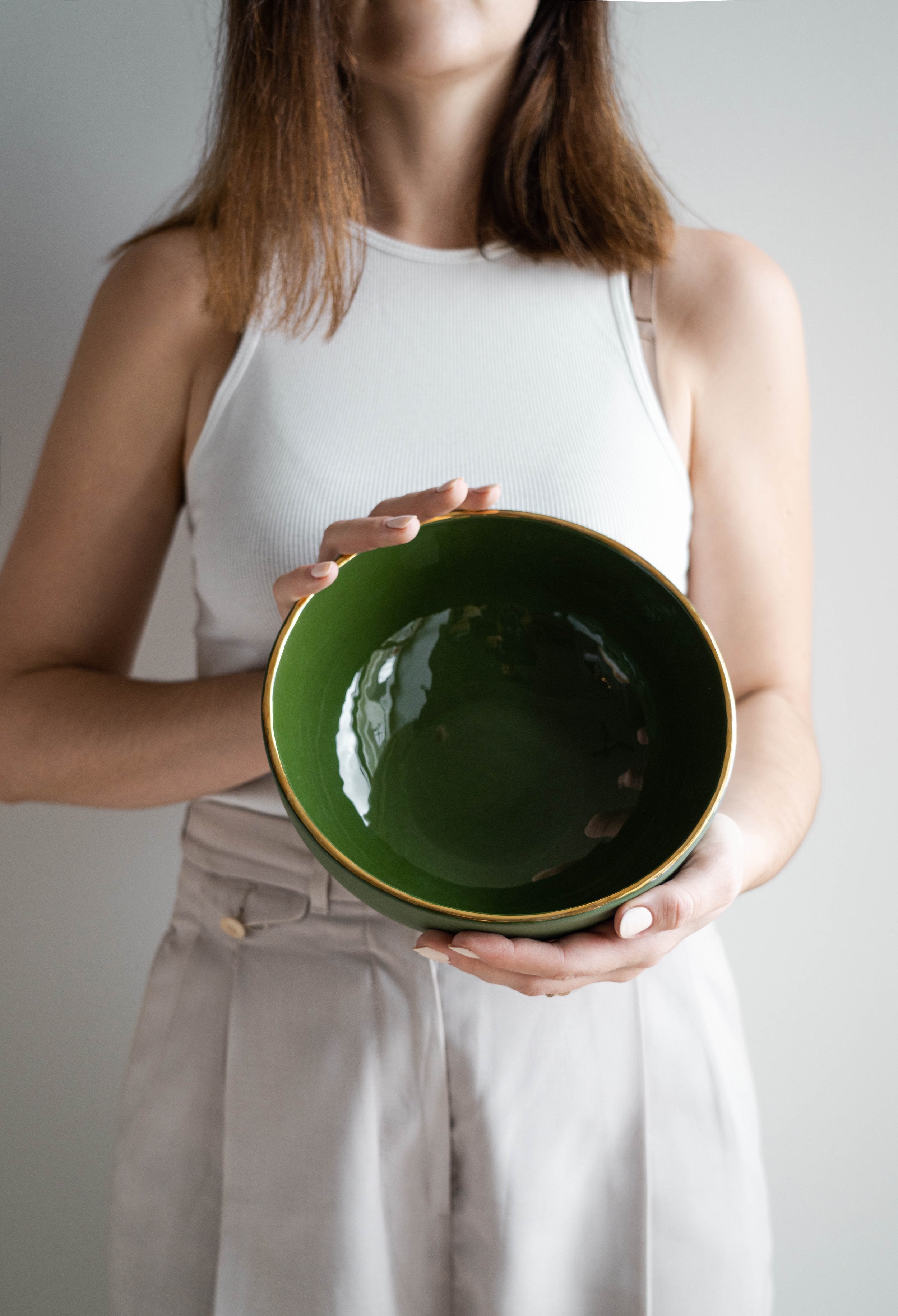 Handmade Porcelain Salad Serving Bowl with Gold Rim. Green