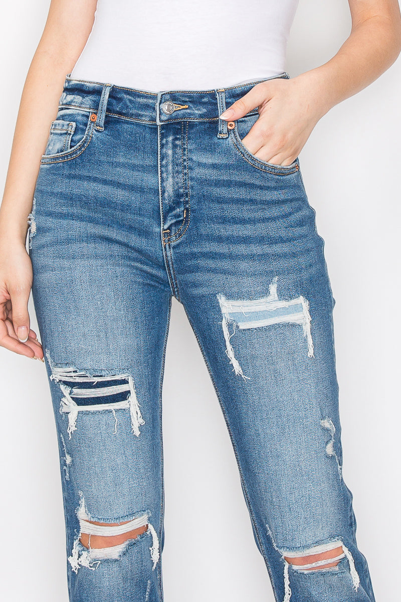 Mesh Tummy Control High Rise Straight With Single Cuff Jeans