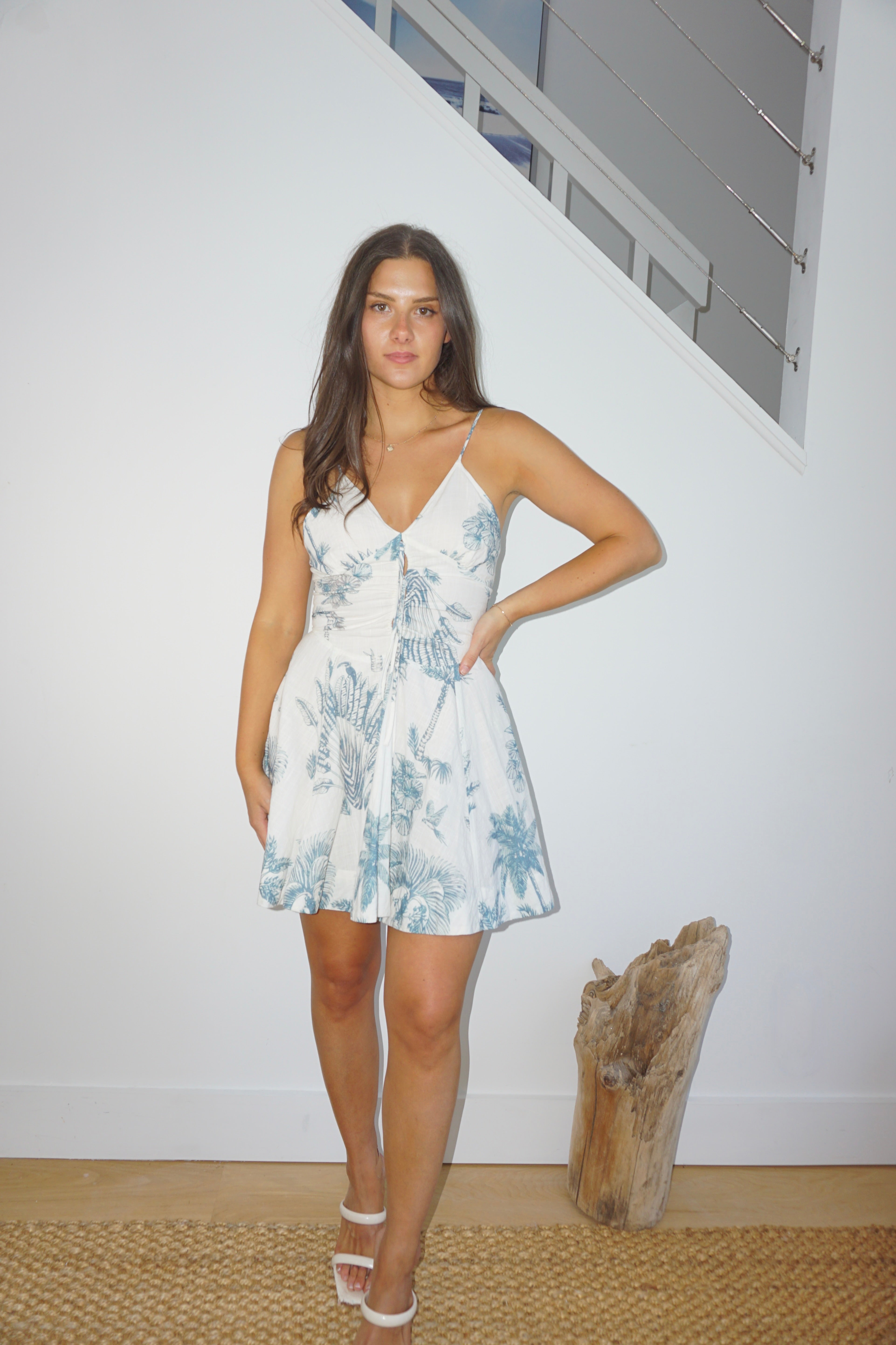 Tara Mini Dress in Faded Teal Palms