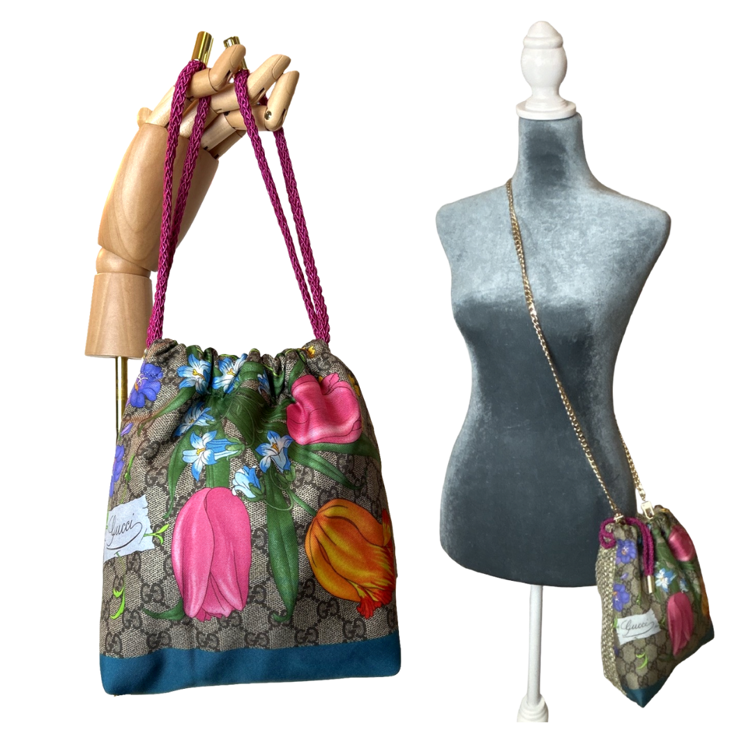 GG Logo Flora Vintage Scarf Drawstring Crossbody Bag