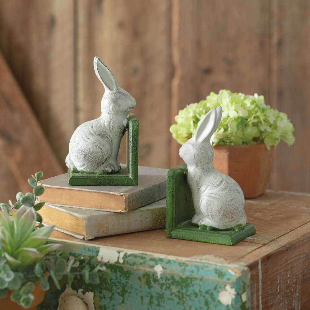 White Vintage Cottagecore Rabbit Bookends in Cast Iron