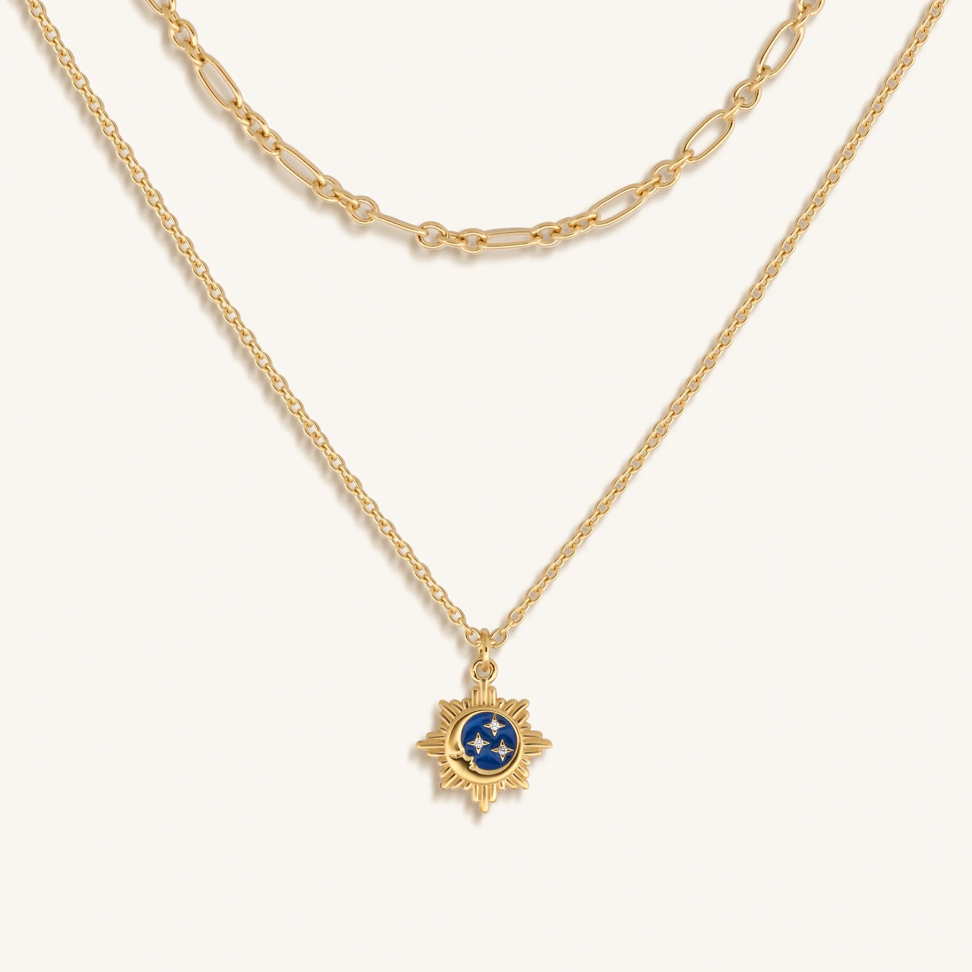 Reflected Bliss Gold Moon & Stars Double Chain Gold Necklace