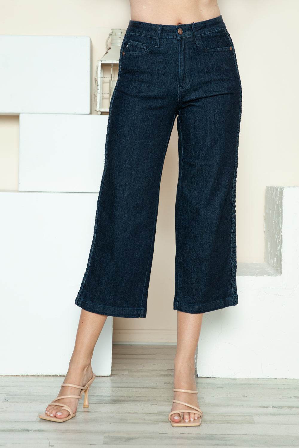 Judy Blue Full Size Side Seam Braid Detail Crop Wide Leg Women Jeans
