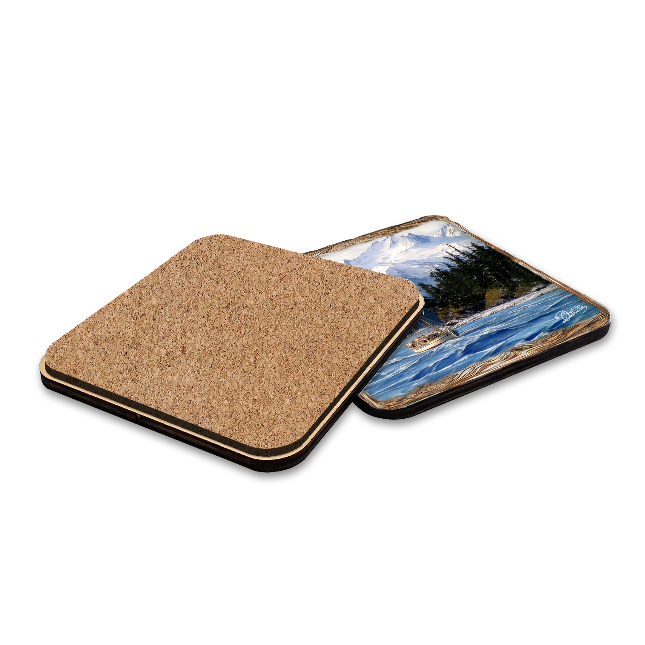 Fishing Boats Wooden Cork Placemat and Coasters Gift Set of 7 by Nature Wonders Coastal Wildlife Decor - 85405C-S7