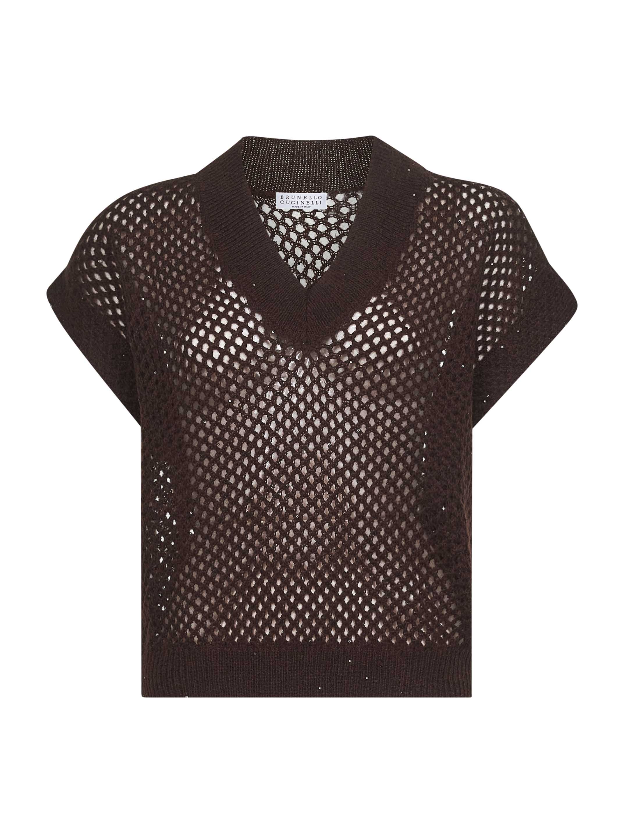 Brunello Cucinelli Women Brown Dazzling Mesh V-Neck Sweater
