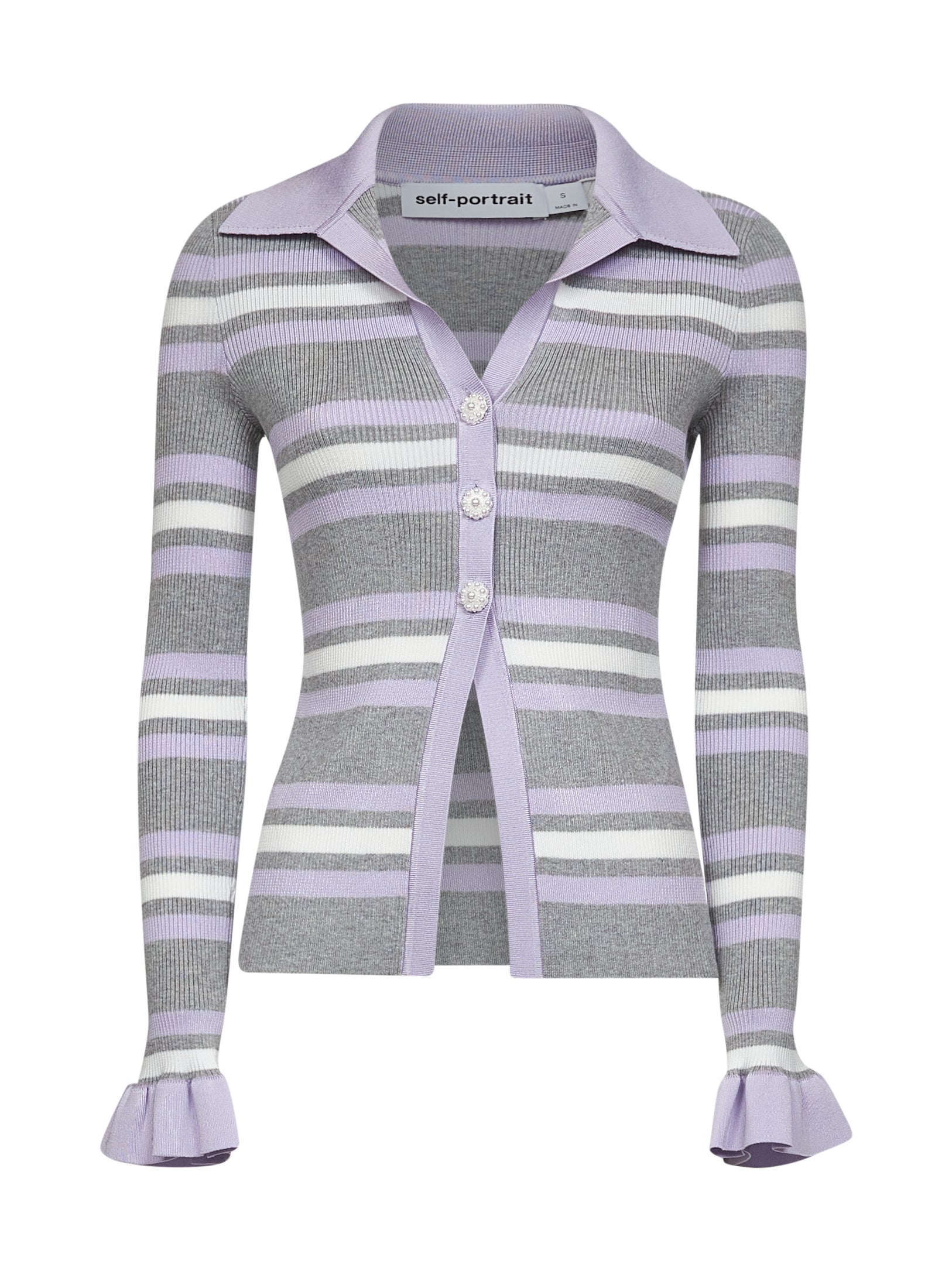 Self Portrait Women Grey Ribbed Knit Striped Cardigan