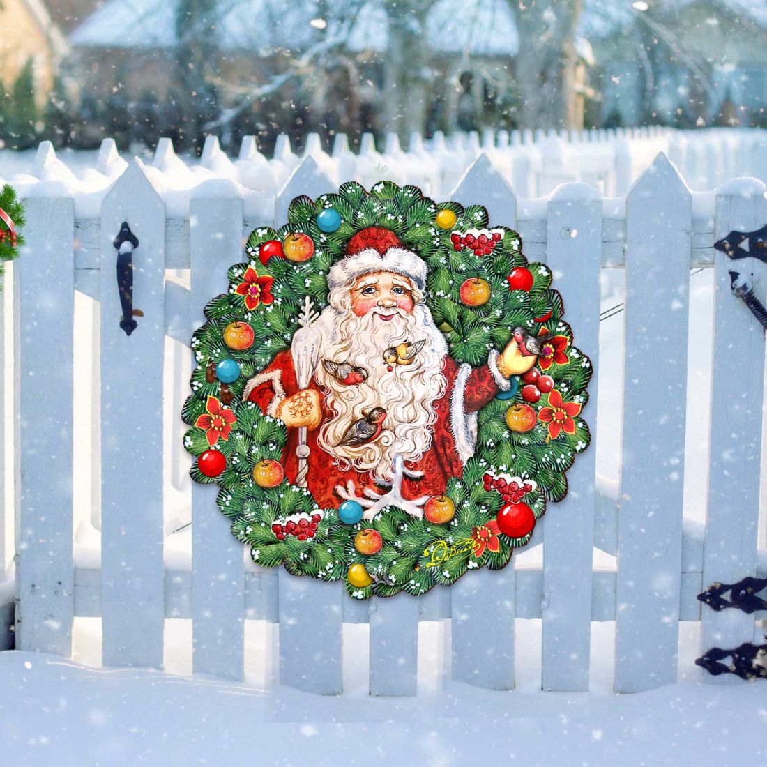 Santa Wreath with Birds Door Decor by G. DeBrekht - Christmas Santa Snowman Decor - 8185320H